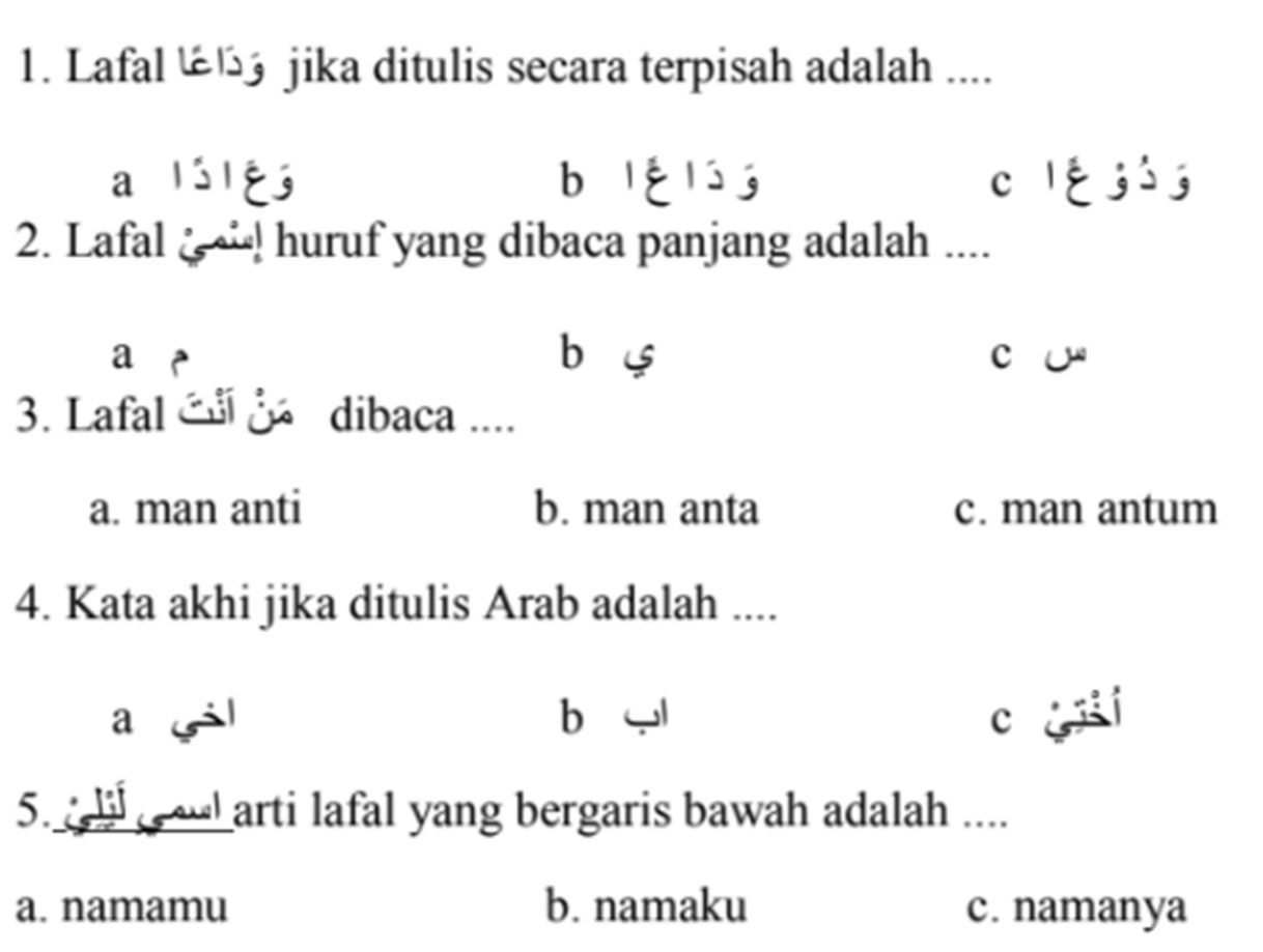 Contoh Soal PAS Bahasa Arab Sesuai KMA 183 Kelas 1 SD/MI Semester 1