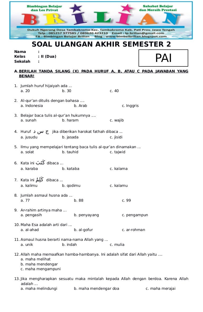 Soal Uas Bahasa Arab Kelas 2 Mi Semester 1